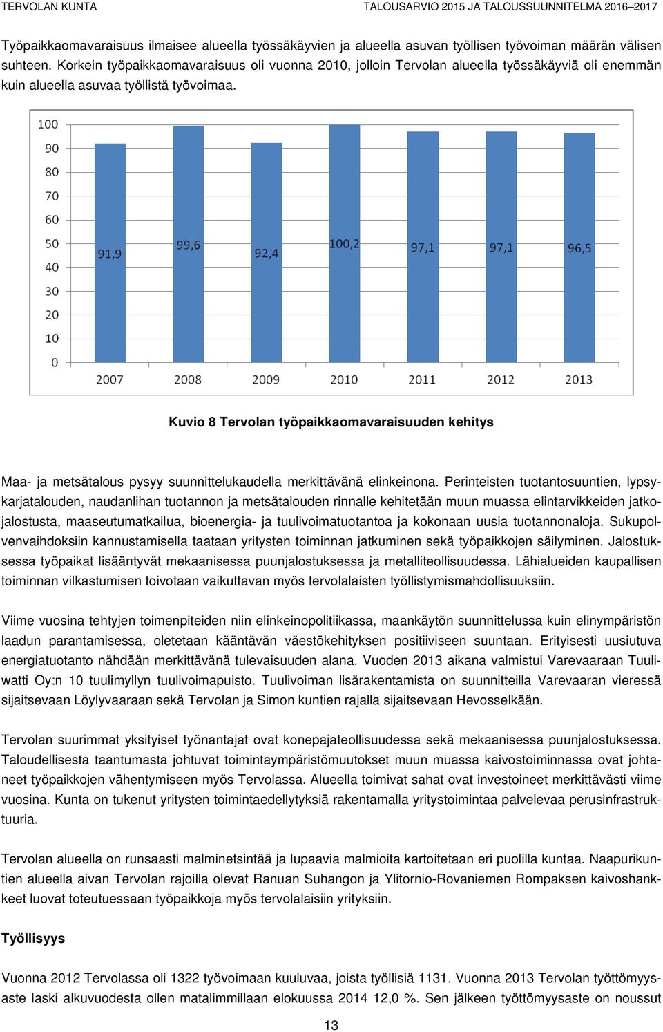 Kuvio 8 Tervolan työpaikkaomavaraisuuden kehitys Maa- ja metsätalous pysyy suunnittelukaudella merkittävänä elinkeinona.