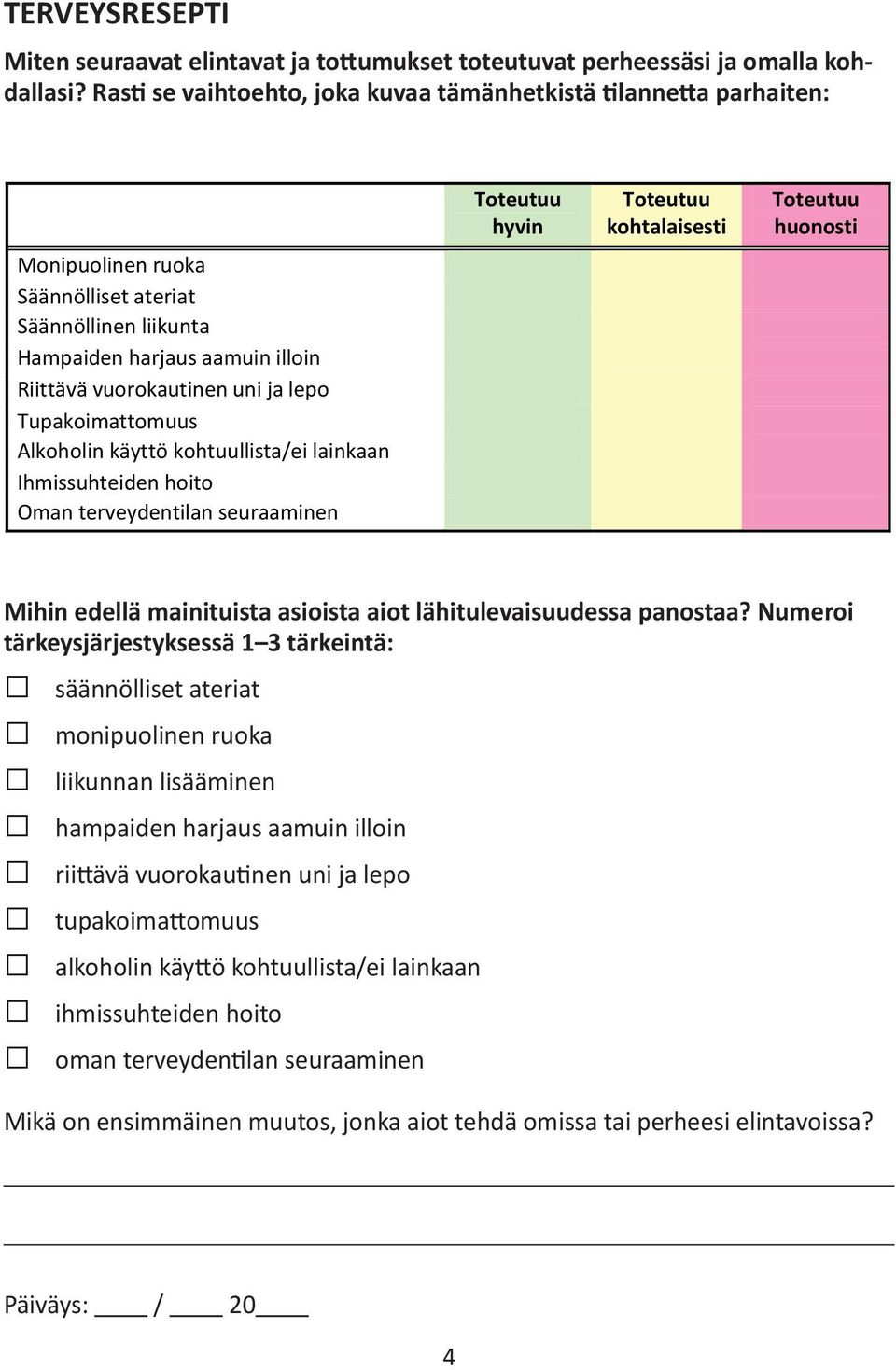 Tupakoimattomuus Alkoholin käyttö kohtuullista/ei lainkaan Ihmissuhteiden hoito Oman terveydentilan seuraaminen Toteutuu hyvin Toteutuu kohtalaisesti Toteutuu huonosti Mihin edellä mainituista