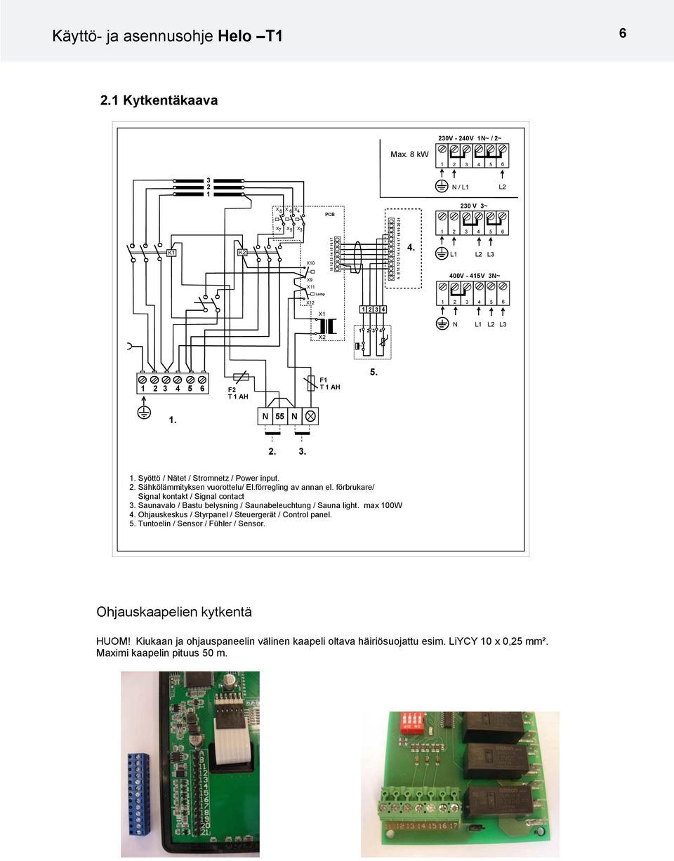 1 2 3 4 5 6 L1 L2 L3 400V - 415V 3N~ Lamp X12 X1 1 2 3 4 1 2 3 4 5 6 X2 1 2 3 4 N L1 L2 L3 1 2 3 4 5 6 F2 T 1 AH F1 T 1 AH 5. 1. N 55 N 2. 3. 1. Syöttö / Nätet / Stromnetz / Power input. 2. Sähkölämmityksen vuorottelu/ El.