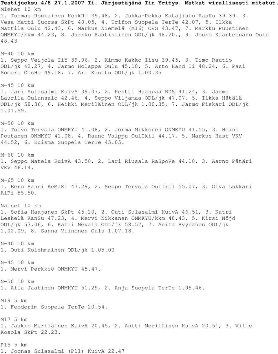 43 1. Seppo Veijola IiY 39.06, 2. Kimmo Kakko Iisu 39.45, 3. Timo Rautio ODL/jk 42.27, 4. Jarmo Holappa Oulu 45.18, 5. Arto Hand Ii 48.24, 6. Pasi Somero OlsHe 49.18, 7. Ari Kiuttu ODL/jk 1.00.35 1.