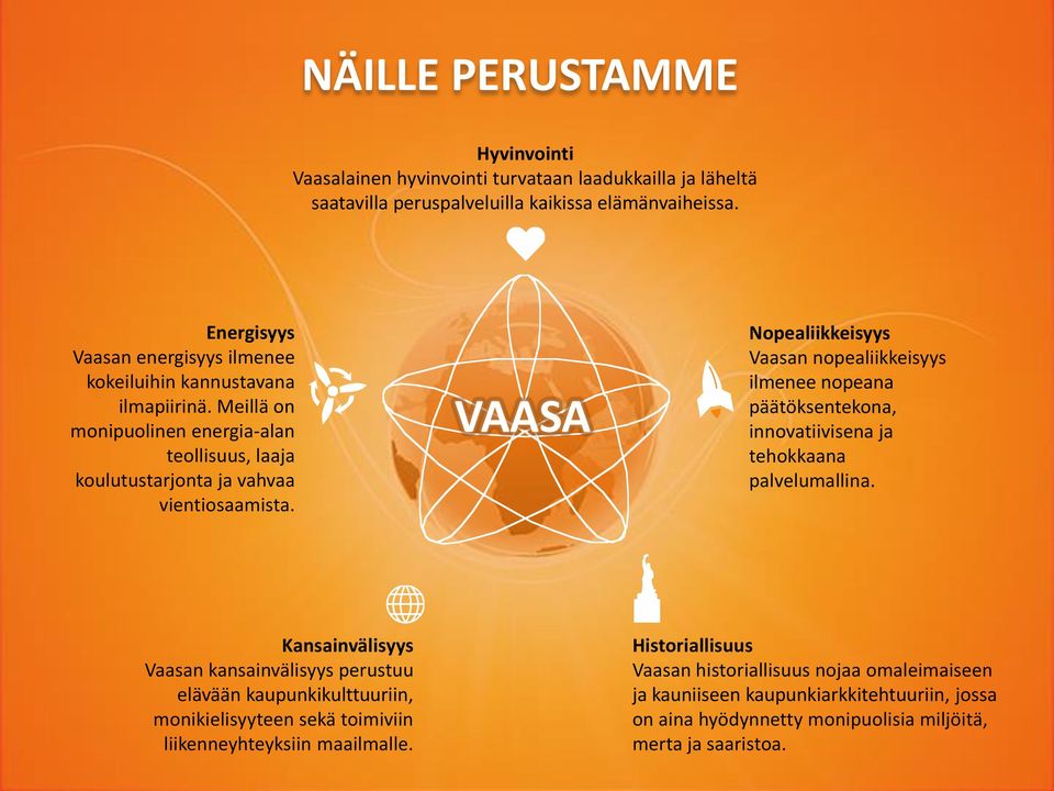 VAASA Nopealiikkeisyys Vaasan nopealiikkeisyys ilmenee nopeana päätöksentekona, innovatiivisena ja tehokkaana palvelumallina.