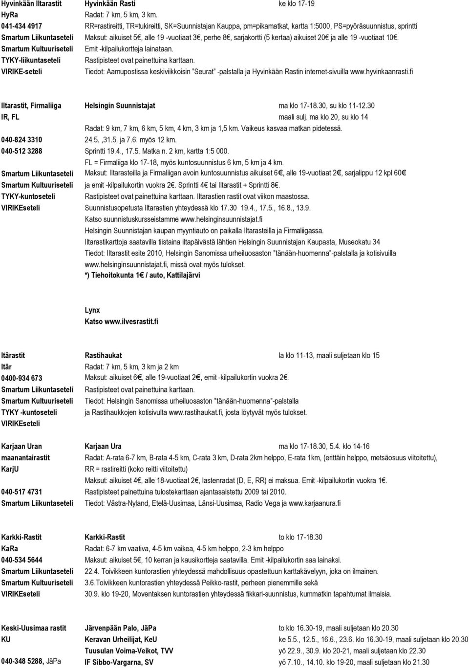 sarjakortti (5 kertaa) aikuiset 20 ja alle 19 -vuotiaat 10. Smartum Kultuuriseteli Emit -kilpailukortteja lainataan. TYKY-liikuntaseteli Rastipisteet ovat painettuina karttaan.