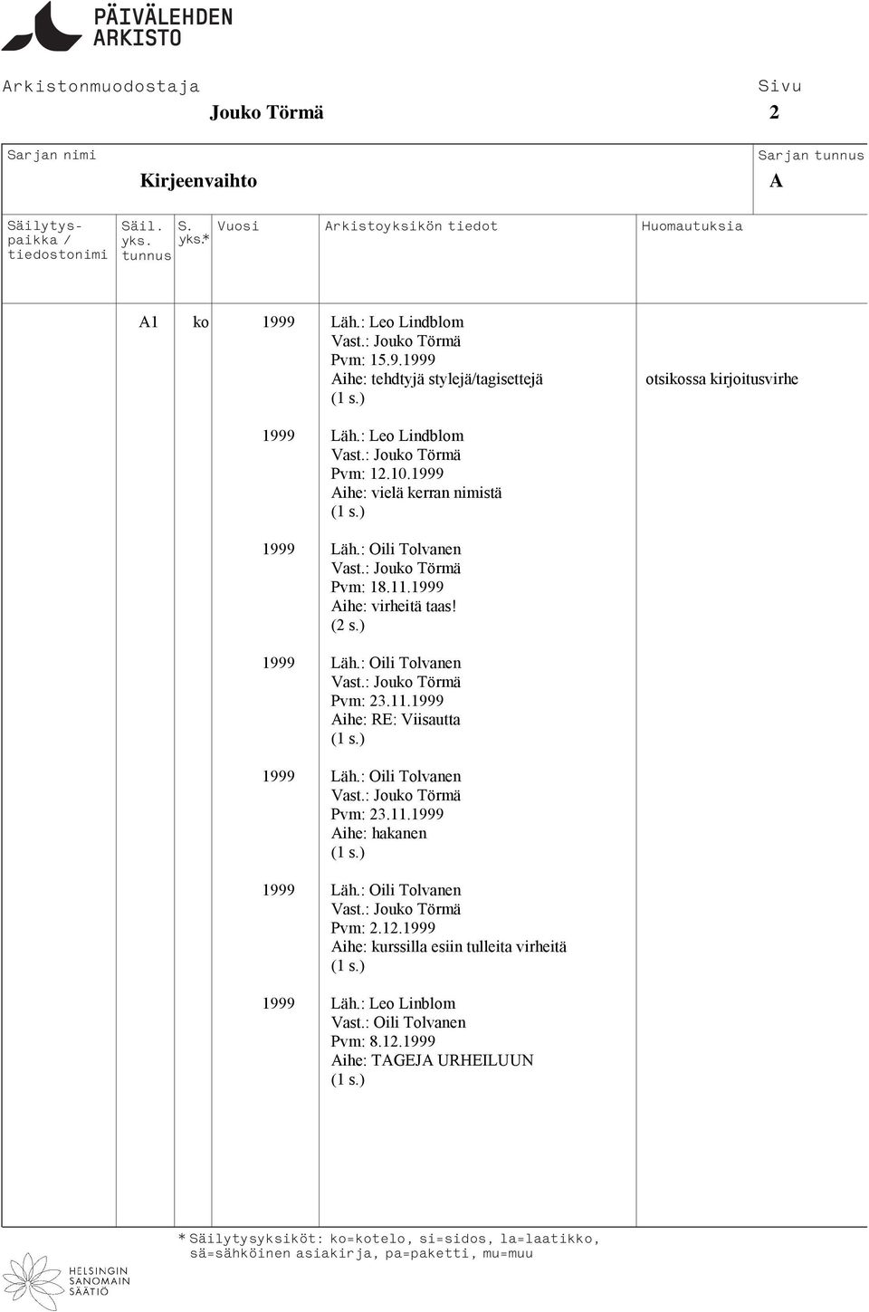 ) 1999 Läh.: Oili Tolvanen Vast.: Jouko Törmä Pvm: 23.11.1999 Aihe: RE: Viisautta 1999 Läh.: Oili Tolvanen Vast.: Jouko Törmä Pvm: 23.11.1999 Aihe: hakanen 1999 Läh.