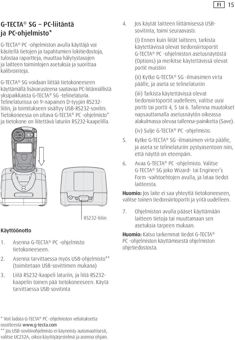 Telinelaturissa on 9-napainen D-tyypin RS232- liitin, ja toimitukseen sisältyy USB-RS232-sovitin. Tietokoneessa on oltava G-TECTA PC -ohjelmisto* ja tietokone on liitettävä laturiin RS232-kaapelilla.