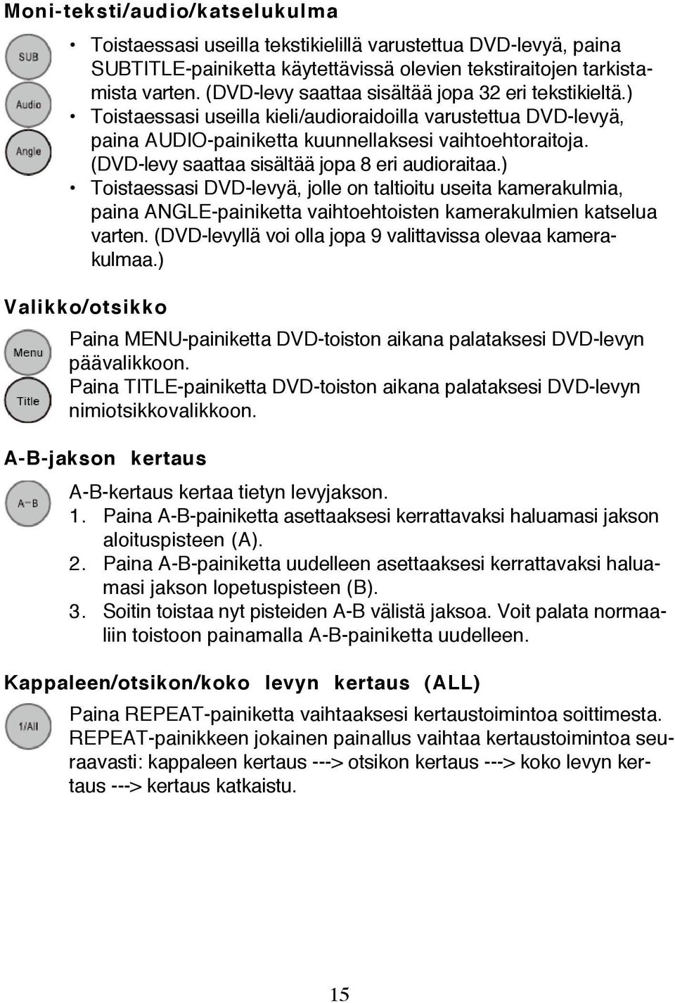 (DVD-levy saattaa sisältää jopa 8 eri audioraitaa.) Toistaessasi DVD-levyä, jolle on taltioitu useita kamerakulmia, paina ANGLE-painiketta vaihtoehtoisten kamerakulmien katselua varten.