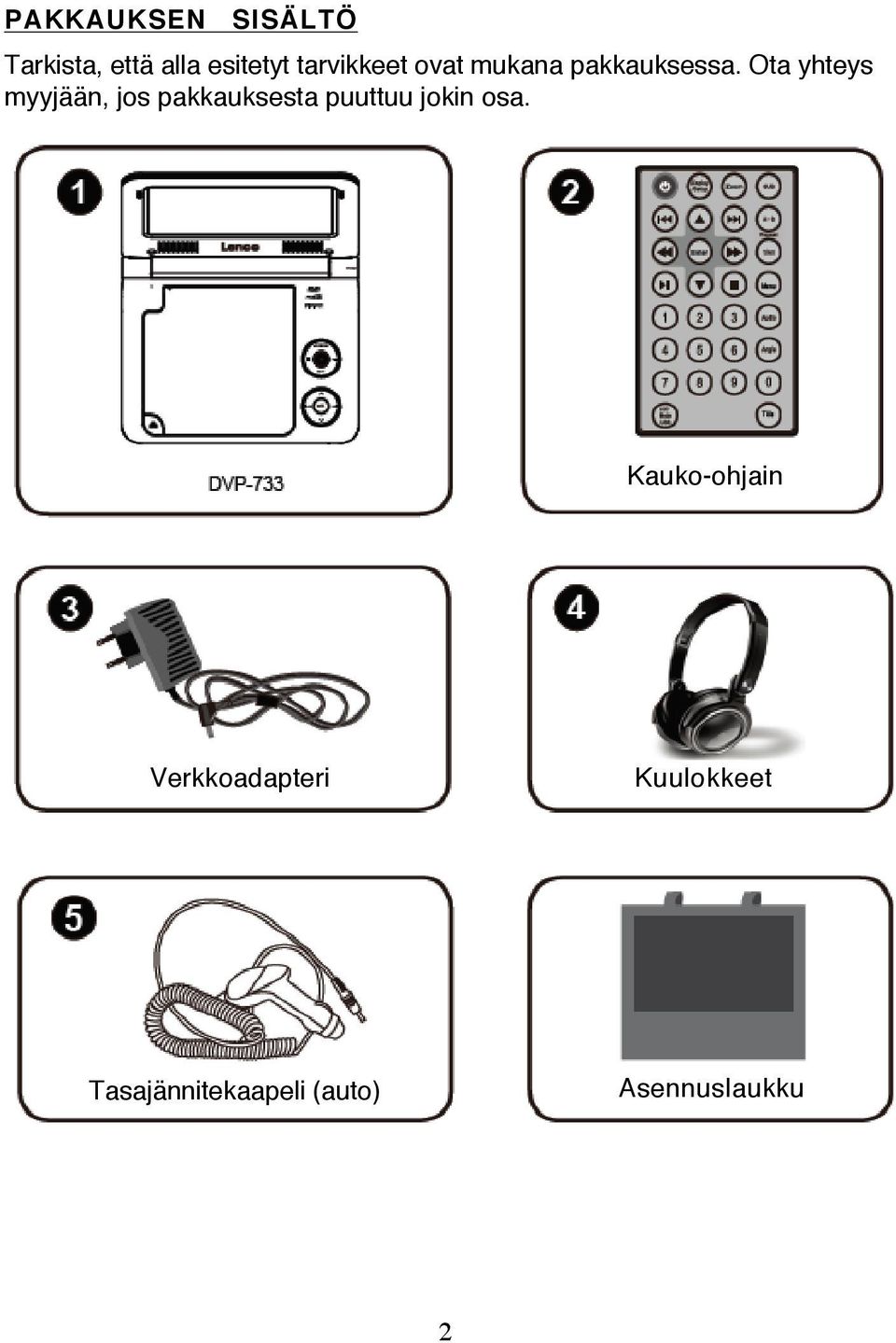 Ota yhteys myyjään, jos pakkauksesta puuttuu jokin osa.