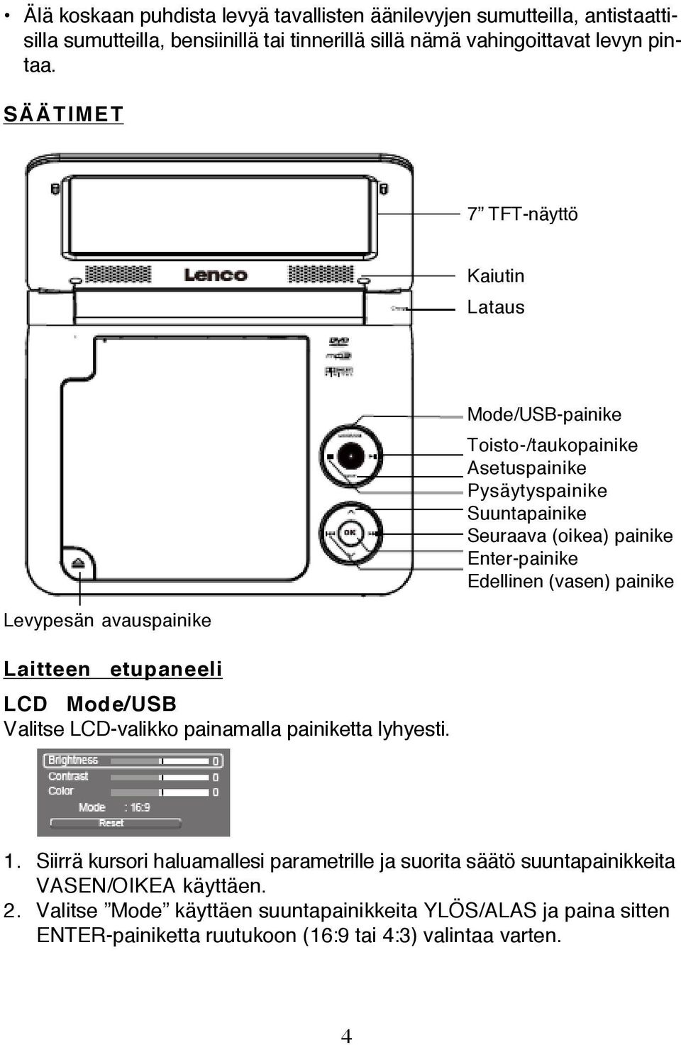 Mode/USB-painike Toisto-/taukopainike Asetuspainike Pysäytyspainike Suuntapainike Seuraava (oikea) painike Enter-painike Edellinen (vasen) painike 1.