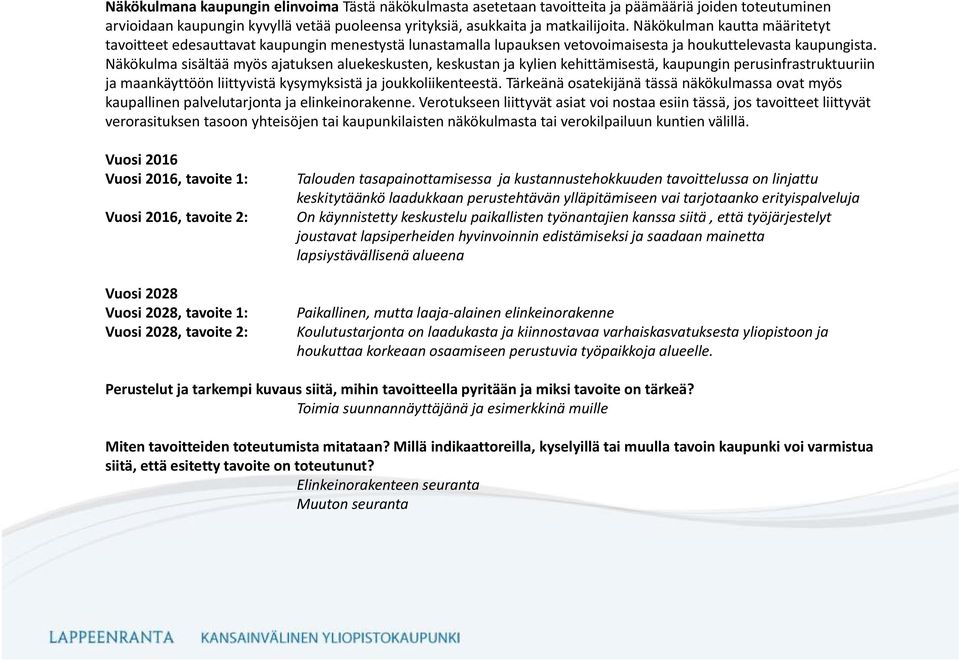 Näkökulma sisältää myös ajatuksen aluekeskusten, keskustan ja kylien kehittämisestä, kaupungin perusinfrastruktuuriin ja maankäyttöön liittyvistä kysymyksistä ja joukkoliikenteestä.