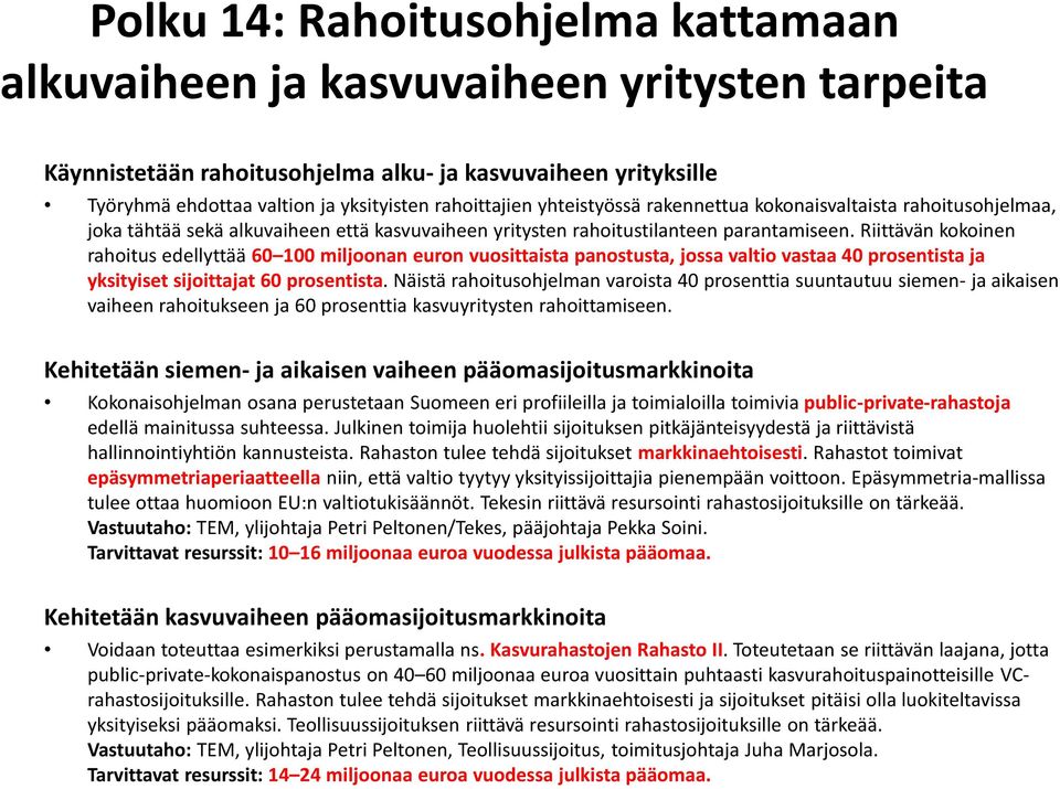 Riittävän kokoinen rahoitus edellyttää 60 100 miljoonan euron vuosittaista panostusta, jossa valtio vastaa 40 prosentista ja yksityiset sijoittajat 60 prosentista.