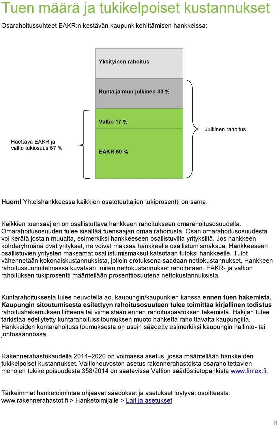 Omarahoitusosuuden tulee sisältää tuensaajan omaa rahoitusta. Osan omarahoitusosuudesta voi kerätä jostain muualta, esimerkiksi hankkeeseen osallistuvilta yrityksiltä.