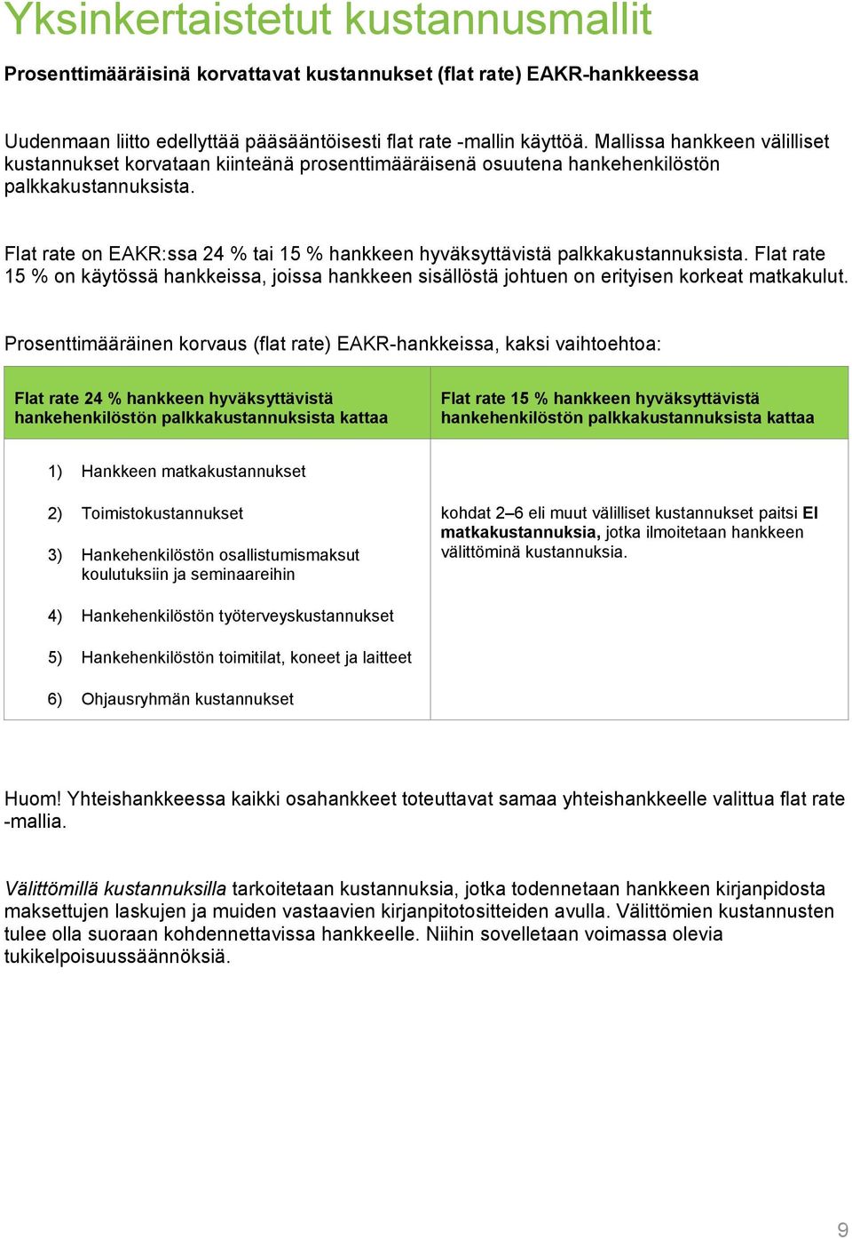 Flat rate on EAKR:ssa 24 % tai 15 % hankkeen hyväksyttävistä palkkakustannuksista. Flat rate 15 % on käytössä hankkeissa, joissa hankkeen sisällöstä johtuen on erityisen korkeat matkakulut.