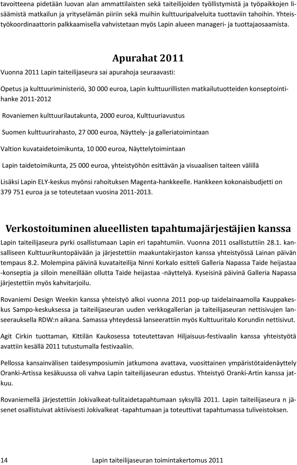 Apurahat 2011 Vuonna 2011 Lapin taiteilijaseura sai apurahoja seuraavasti: Opetus ja kulttuuriministeriö, 30 000 euroa, Lapin kulttuurillisten matkailutuotteiden konseptointihanke 2011-2012