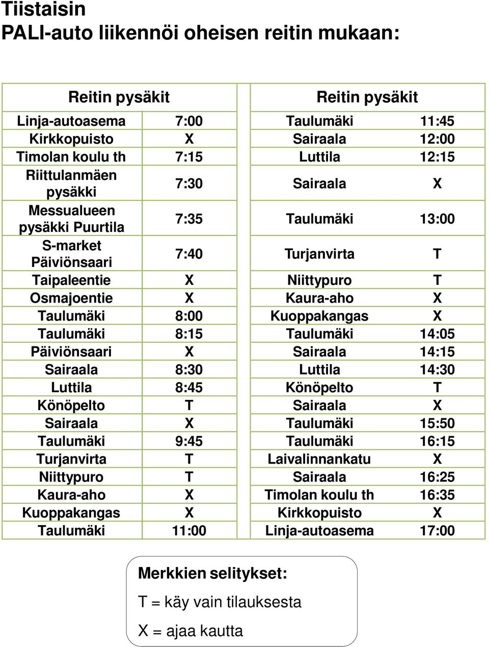 14:30 Luttila 8:45 Könöpelto T Könöpelto T Sairaala X Sairaala X Taulumäki 15:50 Taulumäki 9:45 Taulumäki 16:15 Turjanvirta T Laivalinnankatu X Niittypuro T Sairaala