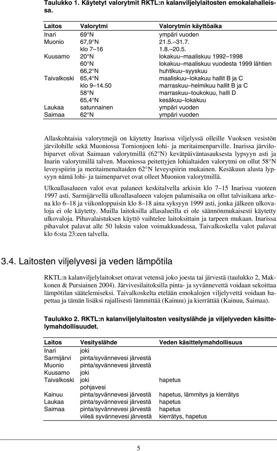 50 marraskuu helmikuu hallit B ja C 58 N marraskuu toukokuu, halli D 65,4 N kesäkuu lokakuu Laukaa satunnainen ympäri vuoden Saimaa 62 N ympäri vuoden Allaskohtaisia valorytmejä on käytetty Inarissa