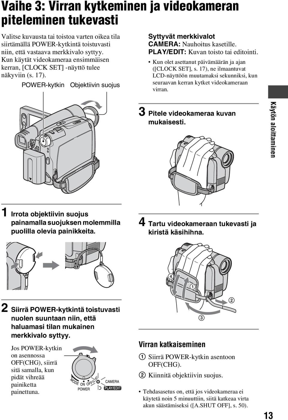 PLAY/EDIT: Kuvan toisto tai editointi. Kun olet asettanut päivämäärän ja ajan ([CLOCK SET], s. 17), ne ilmaantuvat LCD-näyttöön muutamaksi sekunniksi, kun seuraavan kerran kytket videokameraan virran.