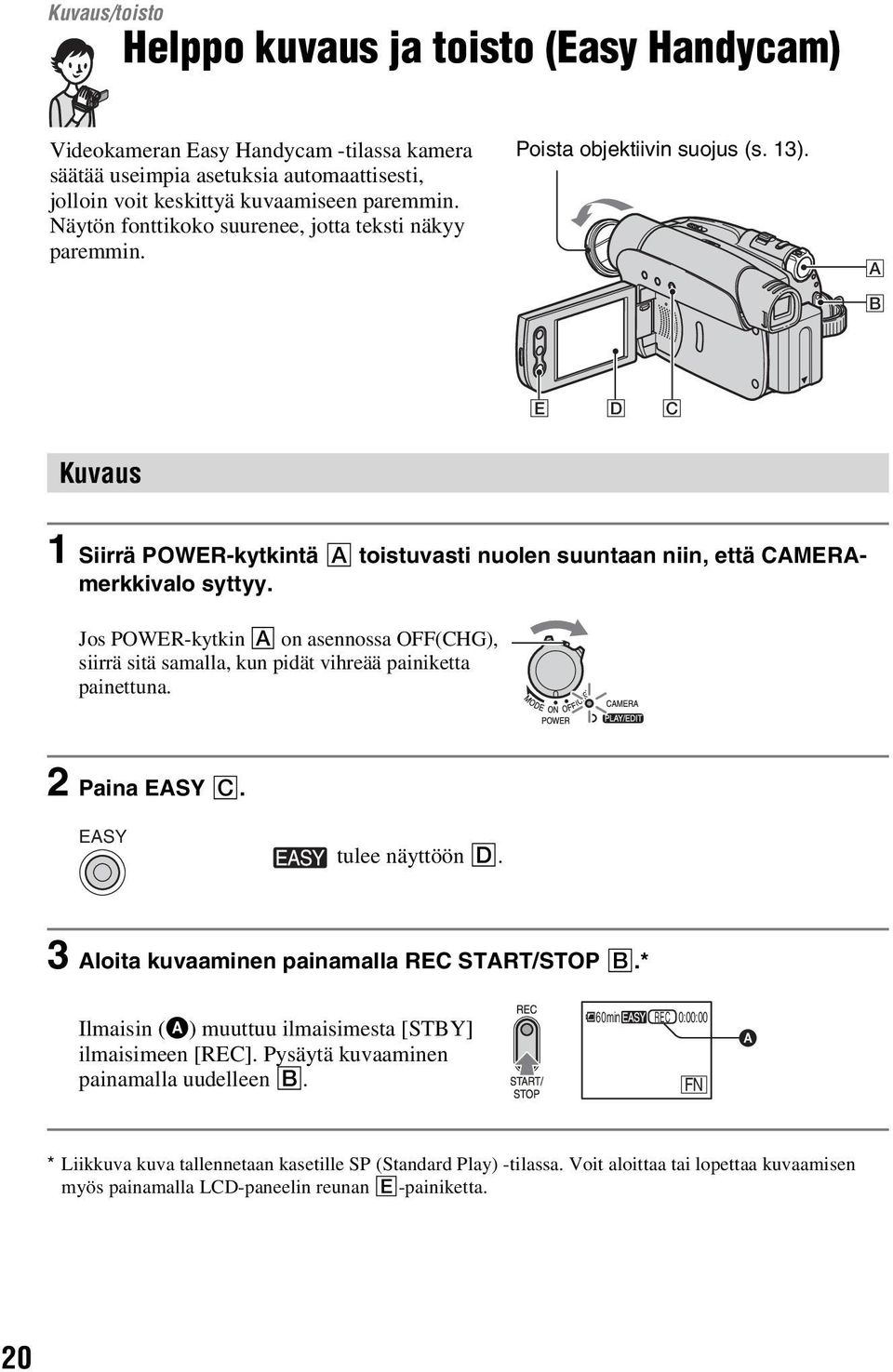 Jos POWER-kytkin A on asennossa OFF(CHG), siirrä sitä samalla, kun pidät vihreää painiketta painettuna. 2 Paina EASY C. EASY tulee näyttöön D. 3 Aloita kuvaaminen painamalla REC START/STOP B.