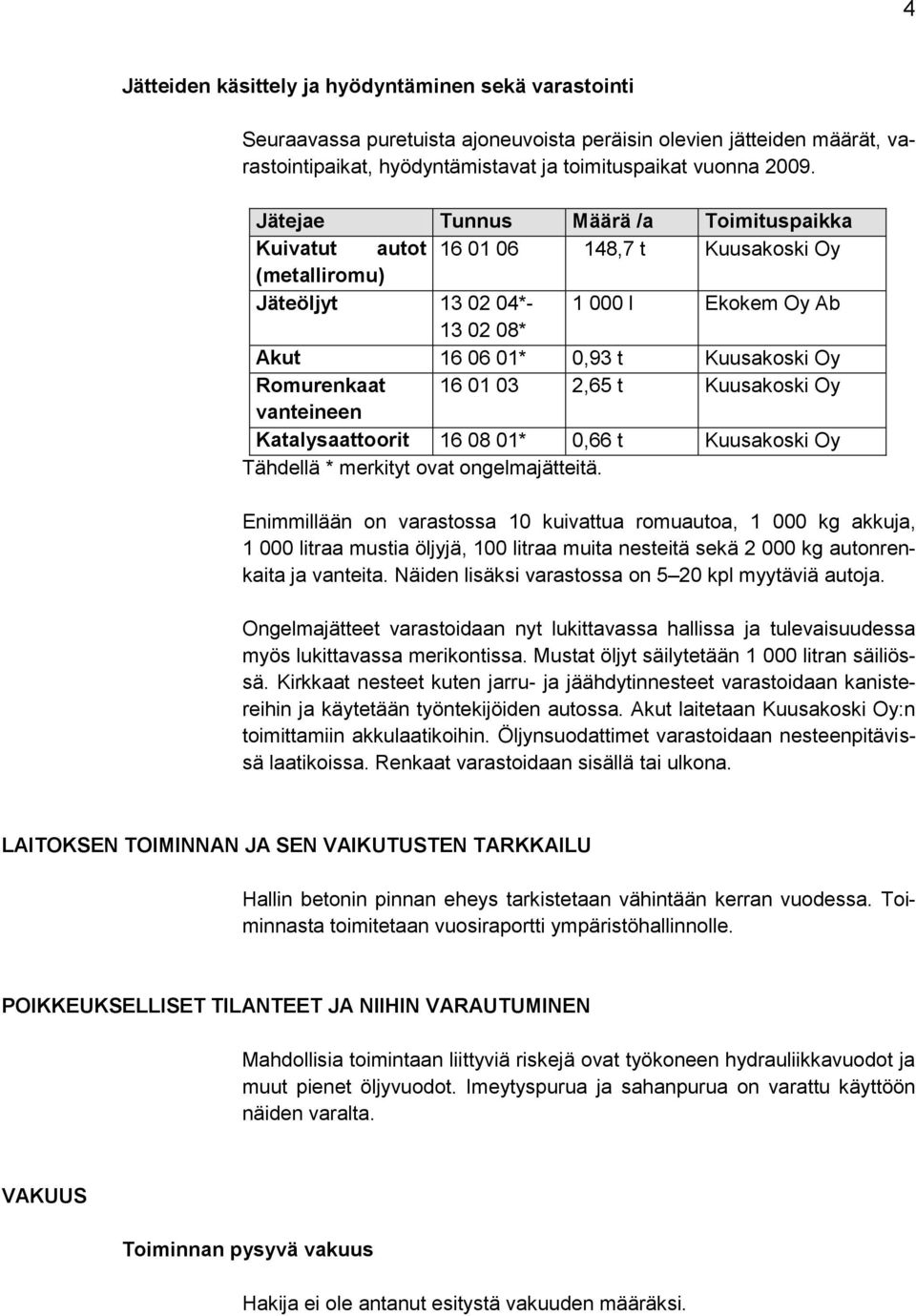 16 01 03 2,65 t Kuusakoski Oy vanteineen Katalysaattoorit 16 08 01* 0,66 t Kuusakoski Oy Tähdellä * merkityt ovat ongelmajätteitä.