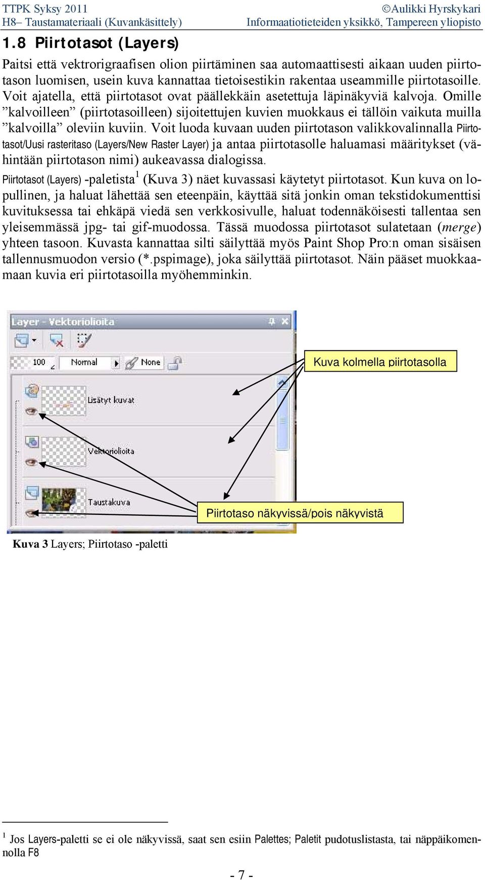 Voit luoda kuvaan uuden piirtotason valikkovalinnalla Piirtotasot/Uusi rasteritaso (Layers/New Raster Layer) ja antaa piirtotasolle haluamasi määritykset (vähintään piirtotason nimi) aukeavassa