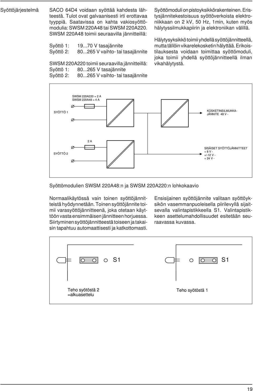 ..265 V tasajännite Syöttö 2: 80...265 V vaihto- tai tasajännite Syöttömoduli on pistoyksikkörakenteinen.