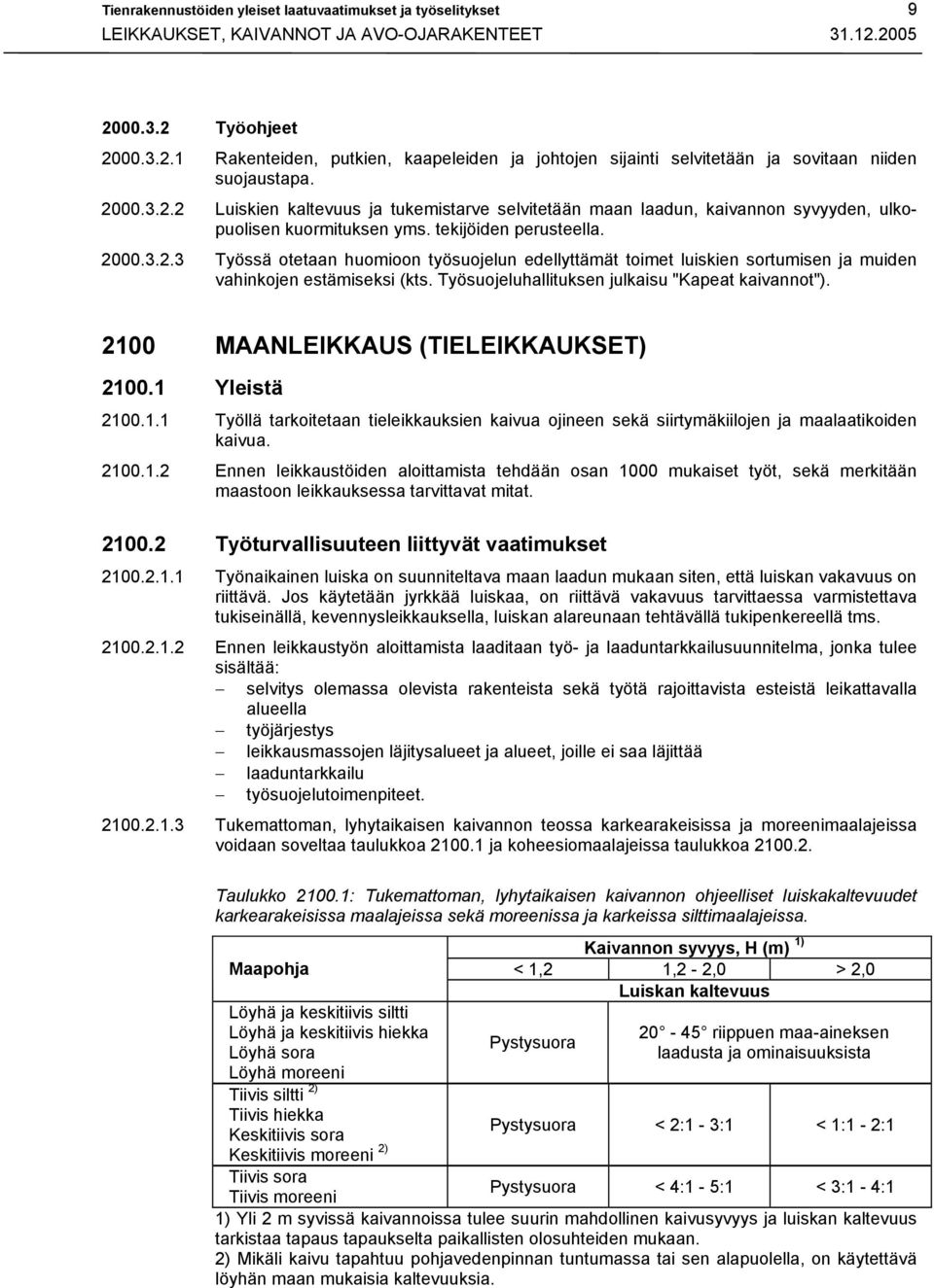 tekijöiden perusteella. 2000.3.2.3 Työssä otetaan huomioon työsuojelun edellyttämät toimet luiskien sortumisen ja muiden vahinkojen estämiseksi (kts.