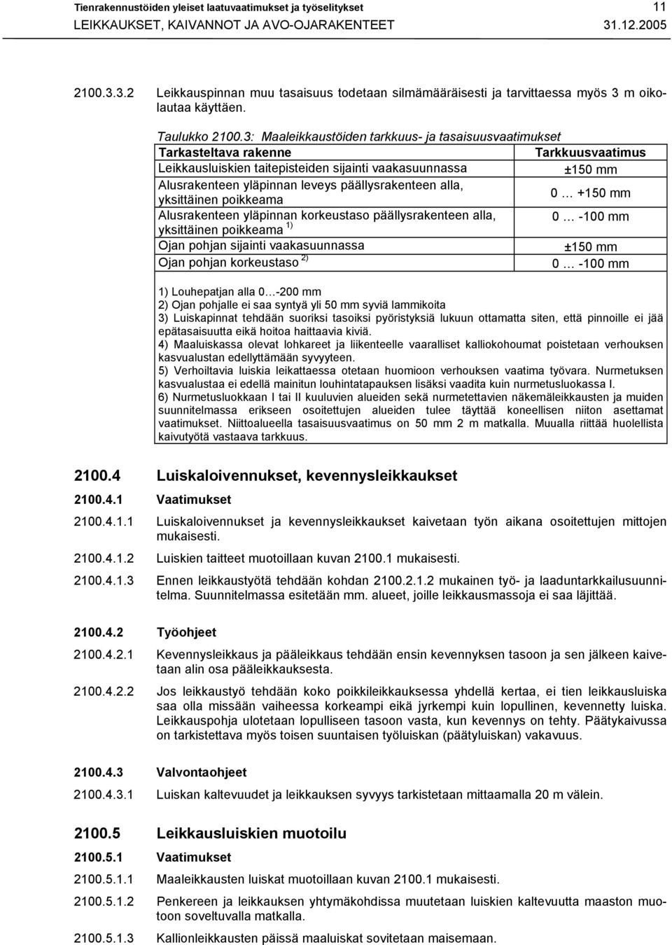 3: Maaleikkaustöiden tarkkuus- ja tasaisuusvaatimukset Tarkasteltava rakenne Tarkkuusvaatimus Leikkausluiskien taitepisteiden sijainti vaakasuunnassa ±150 mm Alusrakenteen yläpinnan leveys