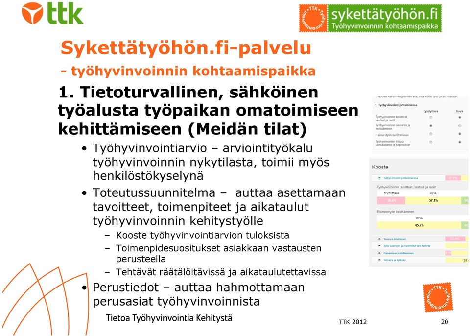 nykytilasta, toimii myös henkilöstökyselynä Toteutussuunnitelma auttaa asettamaan tavoitteet, toimenpiteet ja aikataulut työhyvinvoinnin