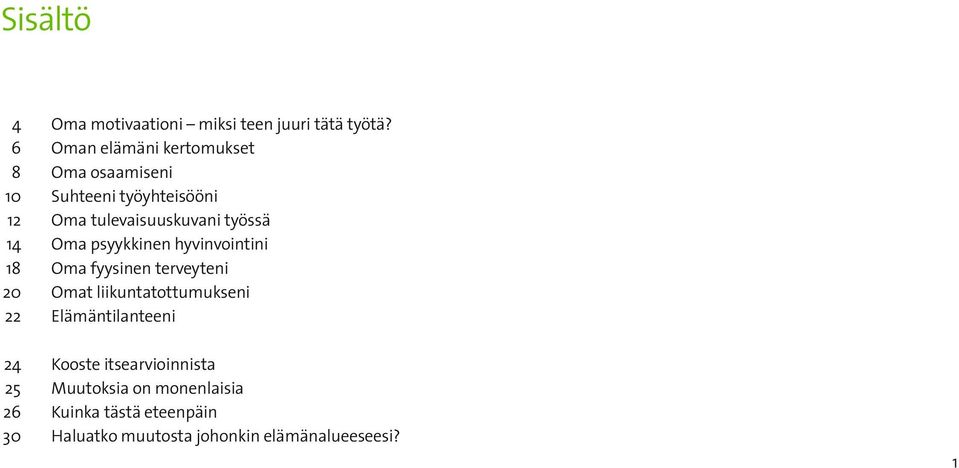 työssä 14 Oma psyykkinen hyvinvointini 18 Oma fyysinen terveyteni 20 Omat liikuntatottumukseni 22