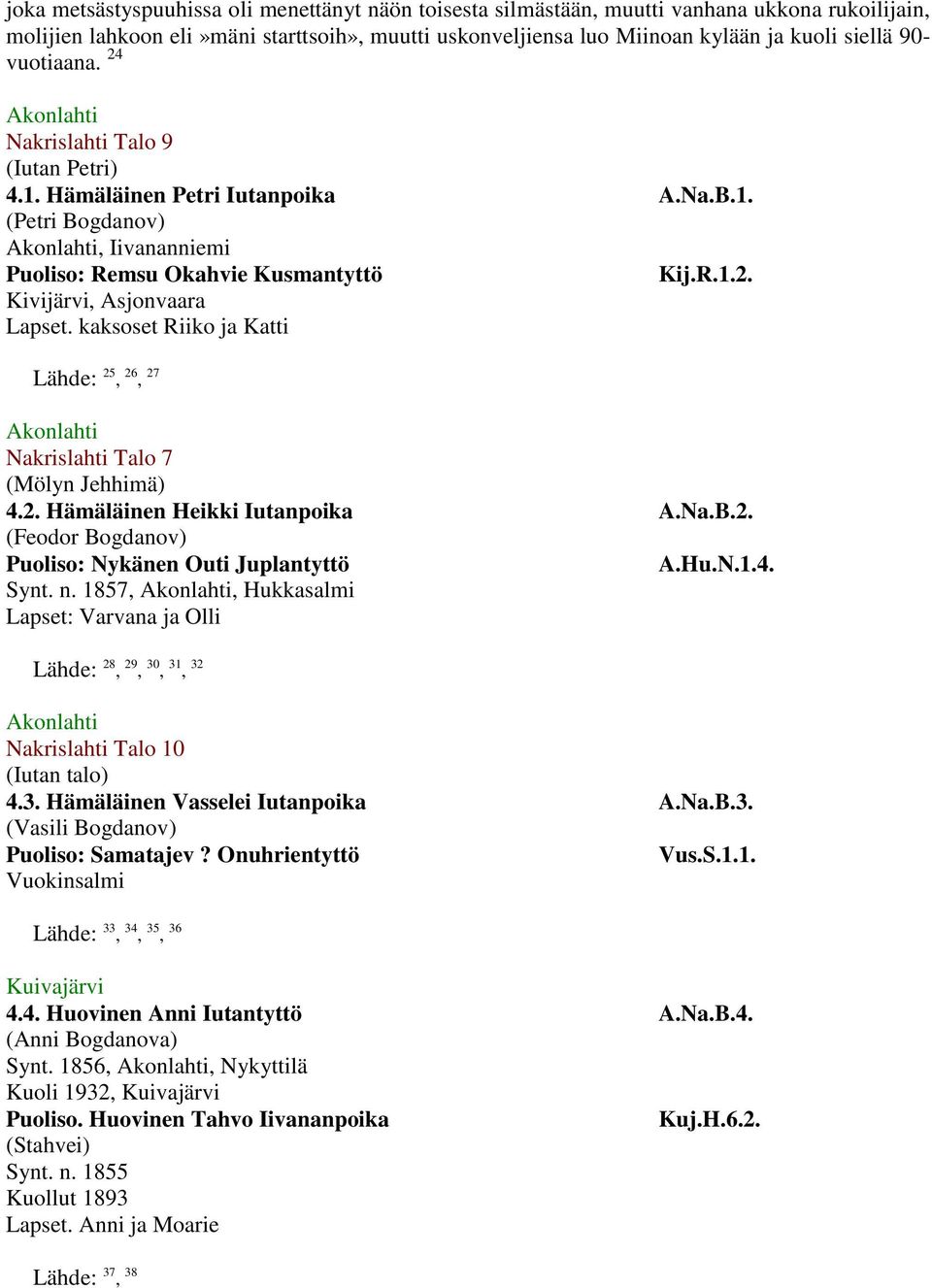 kaksoset Riiko ja Katti Lähde: 25, 26, 27 Nakrislahti Talo 7 (Mölyn Jehhimä) 4.2. Hämäläinen Heikki Iutanpoika A.Na.B.2. (Feodor Bogdanov) Puoliso: Nykänen Outi Juplantyttö A.Hu.N.1.4. Synt. n.