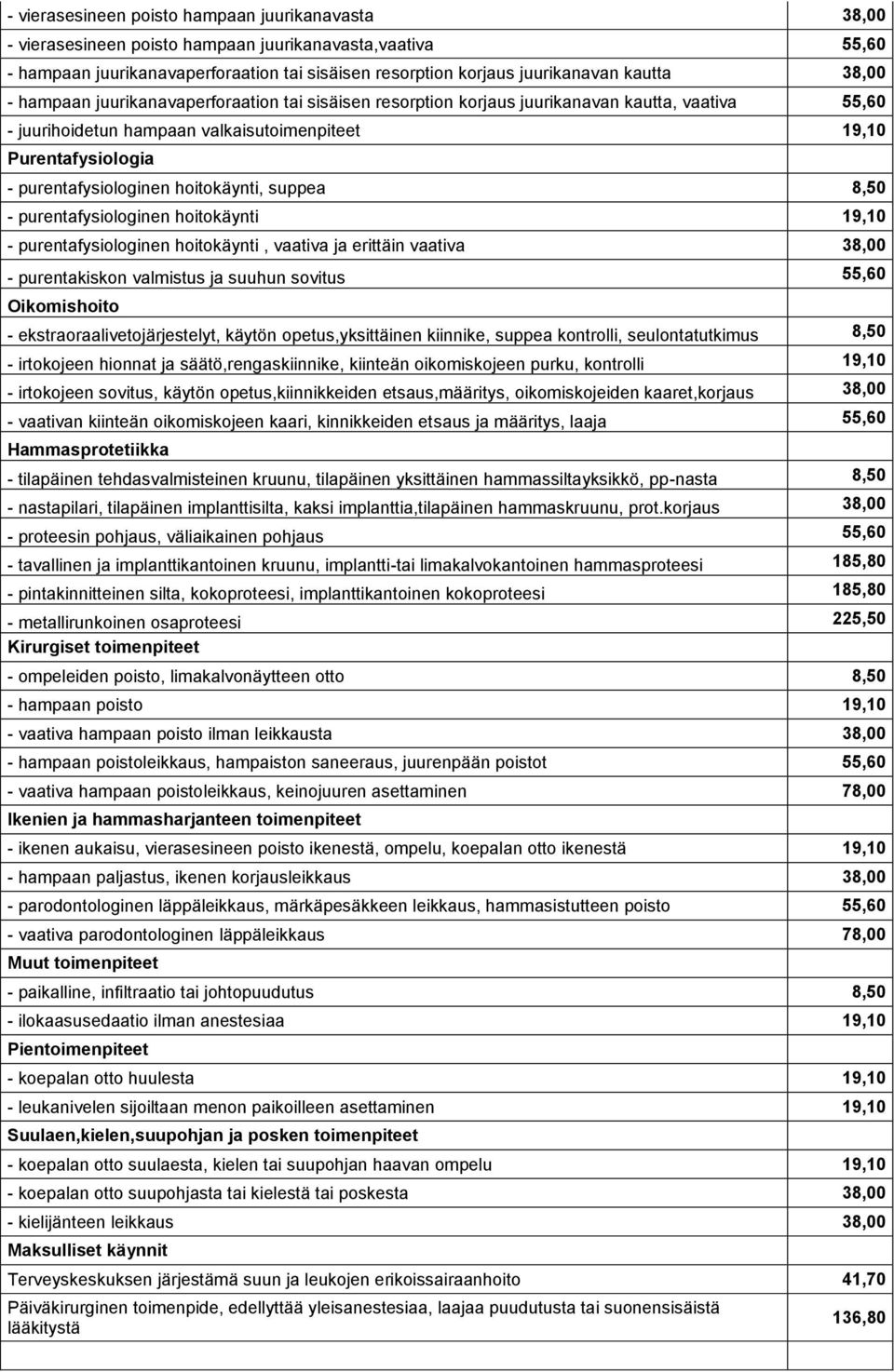 hoitokäynti, suppea 8,50 - purentafysiologinen hoitokäynti 19,10 - purentafysiologinen hoitokäynti, vaativa ja erittäin vaativa 38,00 - purentakiskon valmistus ja suuhun sovitus 55,60 Oikomishoito -