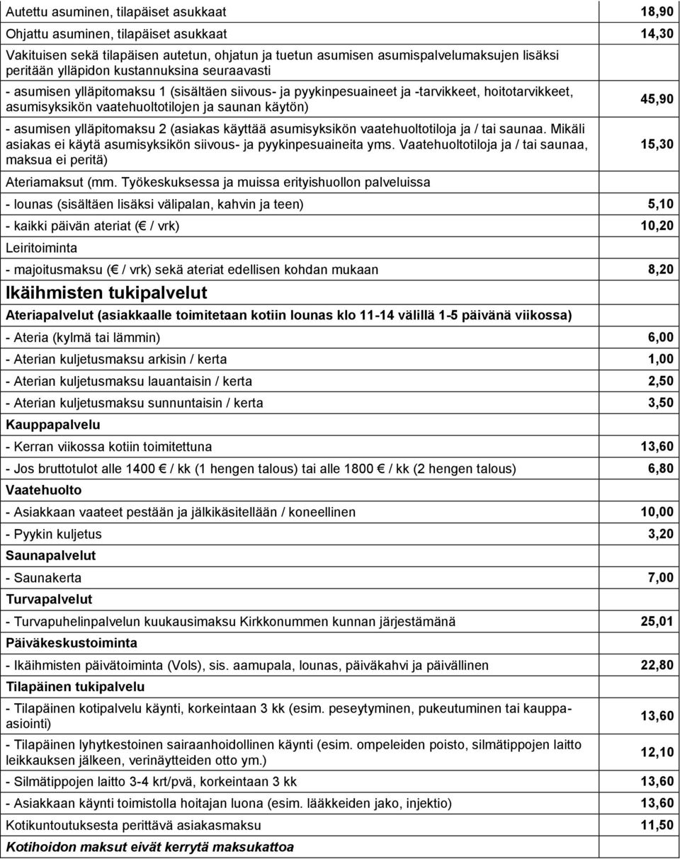 ylläpitomaksu 2 (asiakas käyttää asumisyksikön vaatehuoltotiloja ja / tai saunaa. Mikäli asiakas ei käytä asumisyksikön siivous- ja pyykinpesuaineita yms.