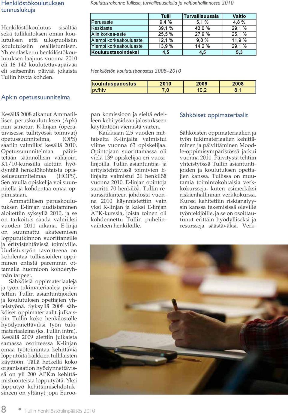 Apk:n opetussuunnitelma Koulutusrakenne Tullissa, turvallisuusalalla ja valtionhallinnossa 2010 Tulli Turvallisuusala Valtio Perusaste 9,4 % 5,1 % 4,8 % Keskiaste 39,1 % 43,0 % 29,1 % Alin