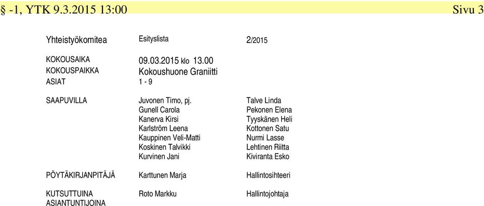 Gunell Carola Kanerva Kirsi Karlström Leena Kauppinen Veli-Matti Koskinen Talvikki Kurvinen Jani Talve Linda Pekonen