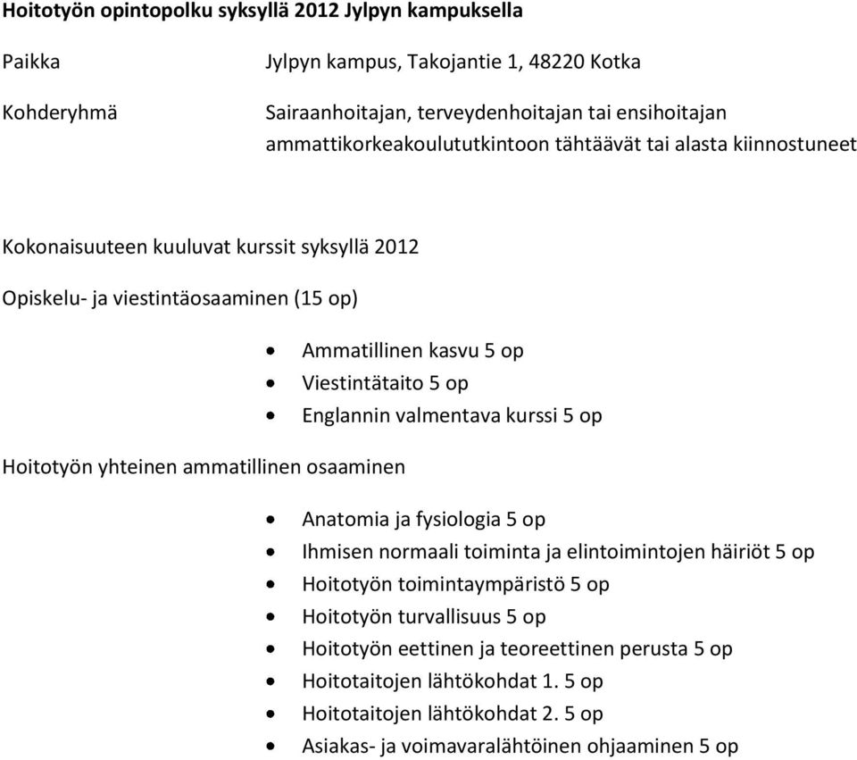 Viestintätaito 5 op Englannin valmentava kurssi 5 op Hoitotyön yhteinen ammatillinen osaaminen Anatomia ja fysiologia 5 op Ihmisen normaali toiminta ja elintoimintojen häiriöt 5 op