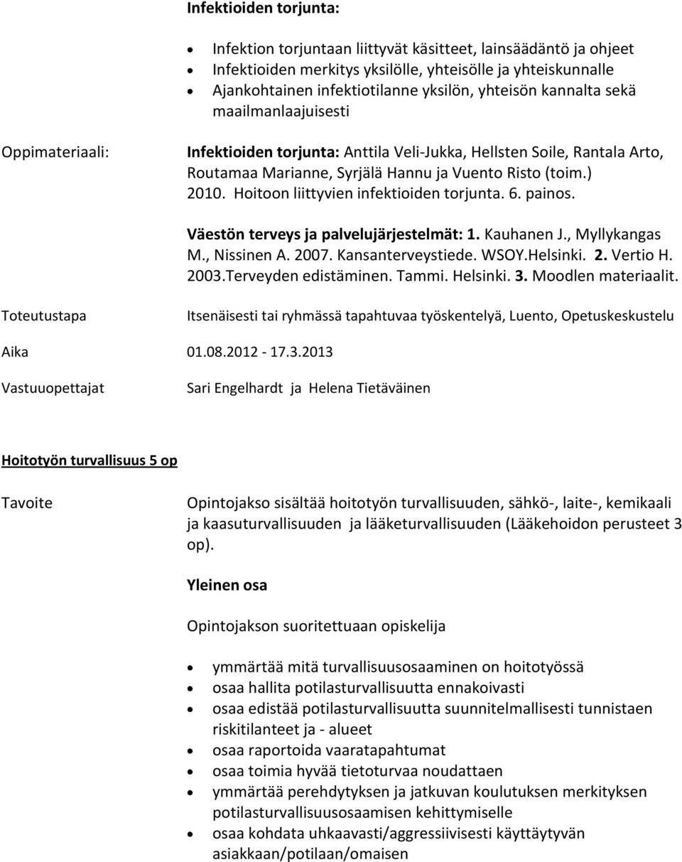 Hoitoon liittyvien infektioiden torjunta. 6. painos. Väestön terveys ja palvelujärjestelmät: 1. Kauhanen J., Myllykangas M., Nissinen A. 2007. Kansanterveystiede. WSOY.Helsinki. 2. Vertio H. 2003.