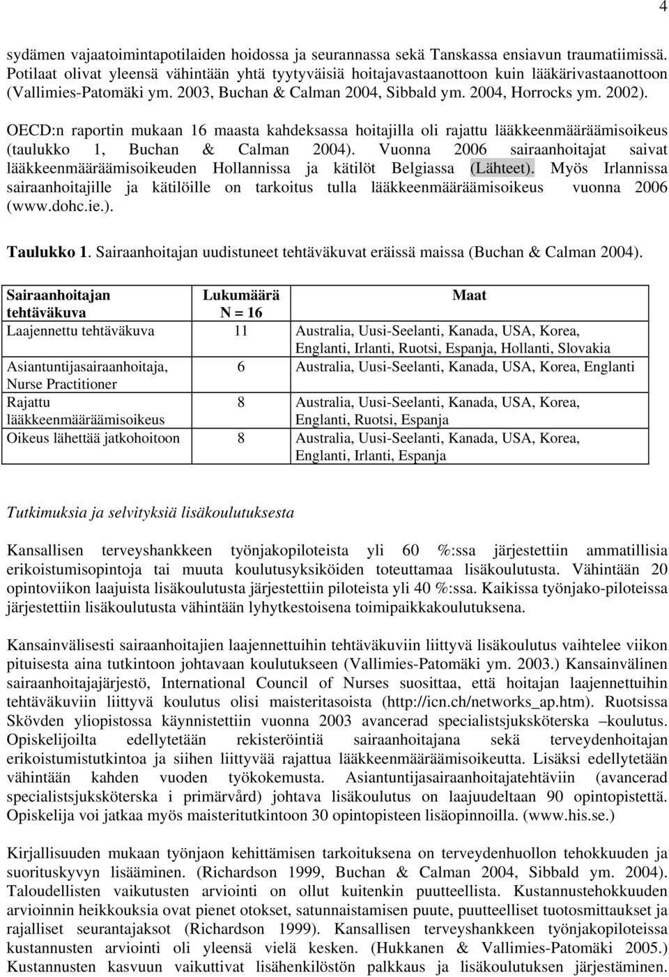 OECD:n raportin mukaan 16 maasta kahdeksassa hoitajilla oli rajattu lääkkeenmääräämisoikeus (taulukko 1, Buchan & Calman 2004).