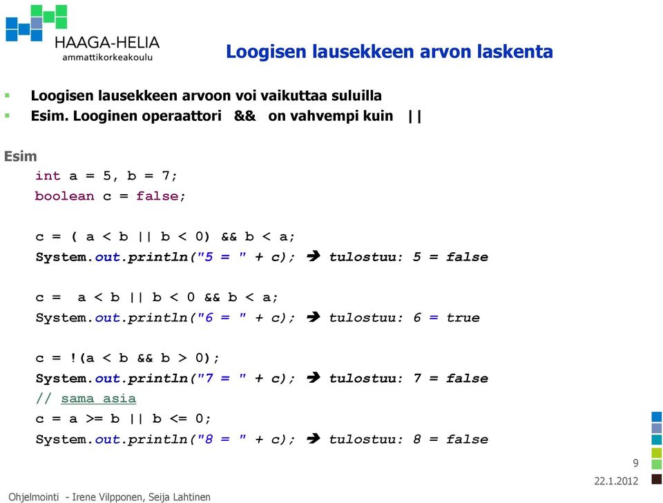 println("5 = " + c); tulostuu: 5 = false c = a < b b < 0 && b < a; System.out.println("6 = " + c); tulostuu: 6 = true c =!