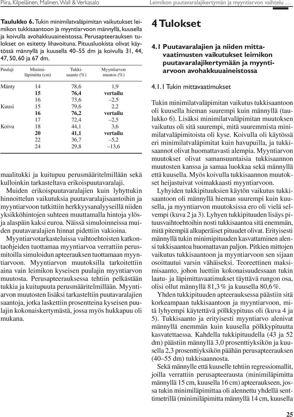 Puulaji Minimi- Tukki- Myyntiarvon läpimitta (cm) saanto (%) muutos (%) Mänty 14 78,6 1,9 15 76,4 vertailu 16 73,6 2,5 Kuusi 15 79,6 2,2 16 76,2 vertailu 17 72,4 2,5 Koivu 18 44,1 3,6 20 41,1