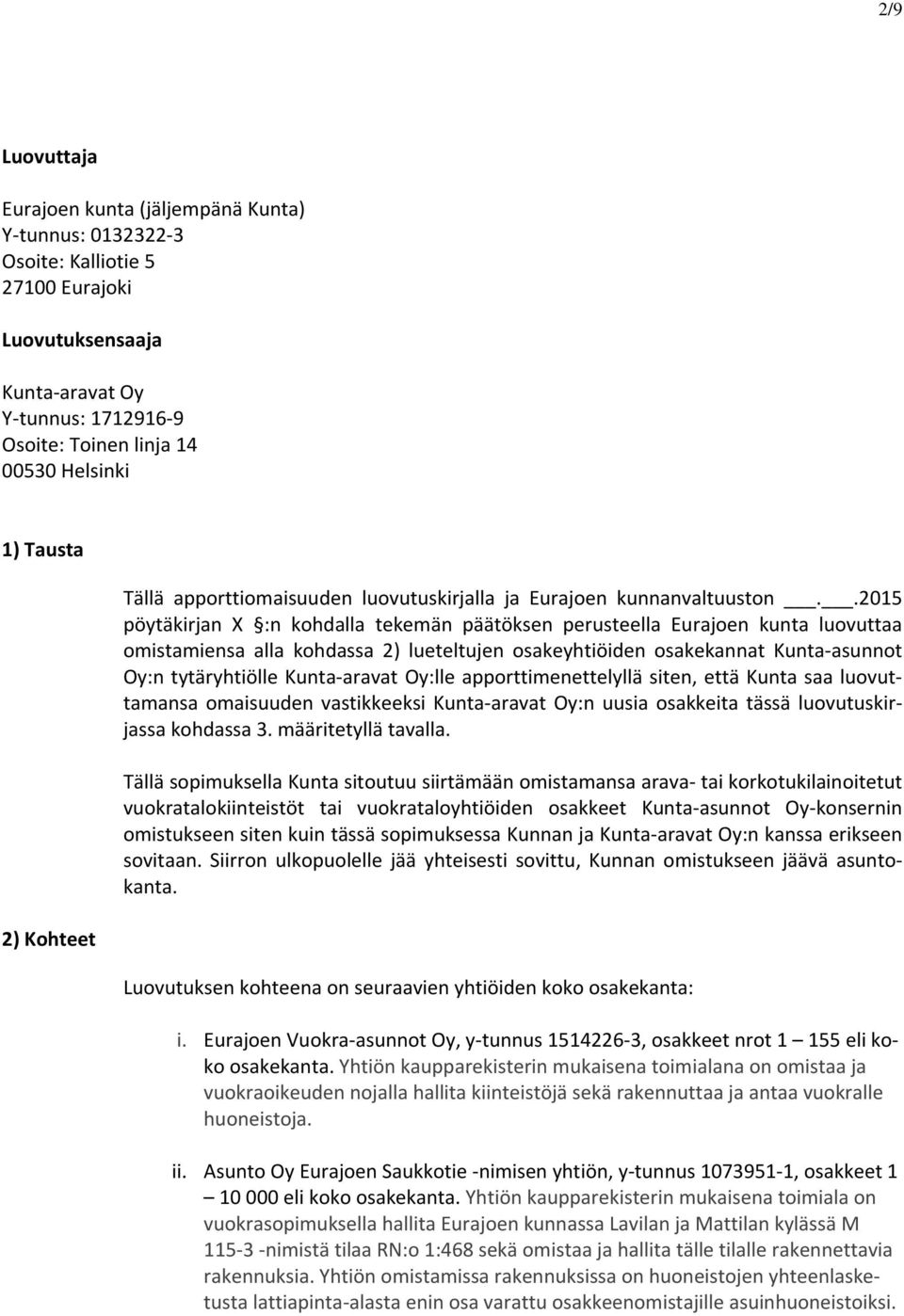.2015 pöytäkirjan X :n kohdalla tekemän päätöksen perusteella Eurajoen kunta luovuttaa omistamiensa alla kohdassa 2) lueteltujen osakeyhtiöiden osakekannat Kunta asunnot Oy:n tytäryhtiölle Kunta