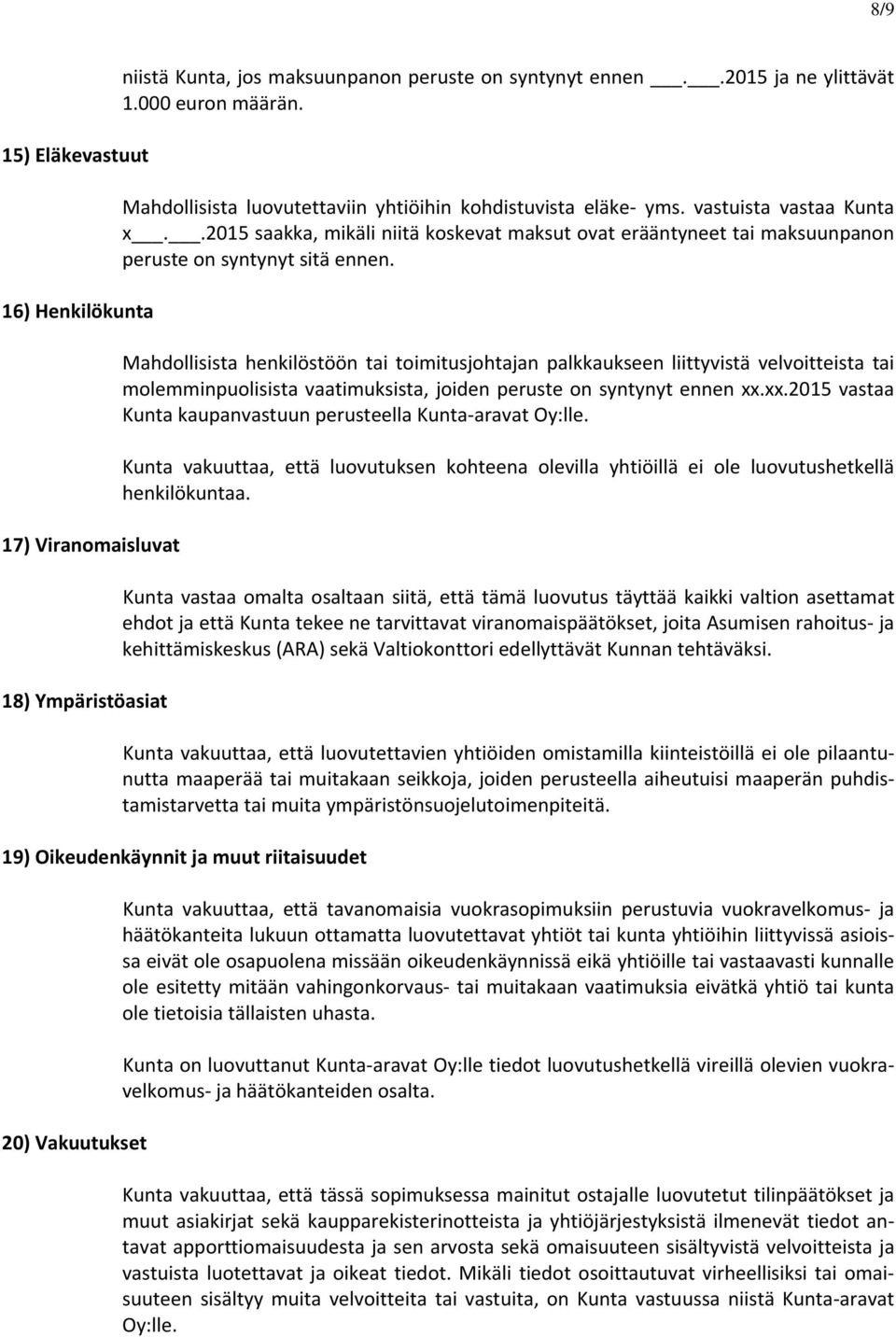 Mahdollisista henkilöstöön tai toimitusjohtajan palkkaukseen liittyvistä velvoitteista tai molemminpuolisista vaatimuksista, joiden peruste on syntynyt ennen xx.