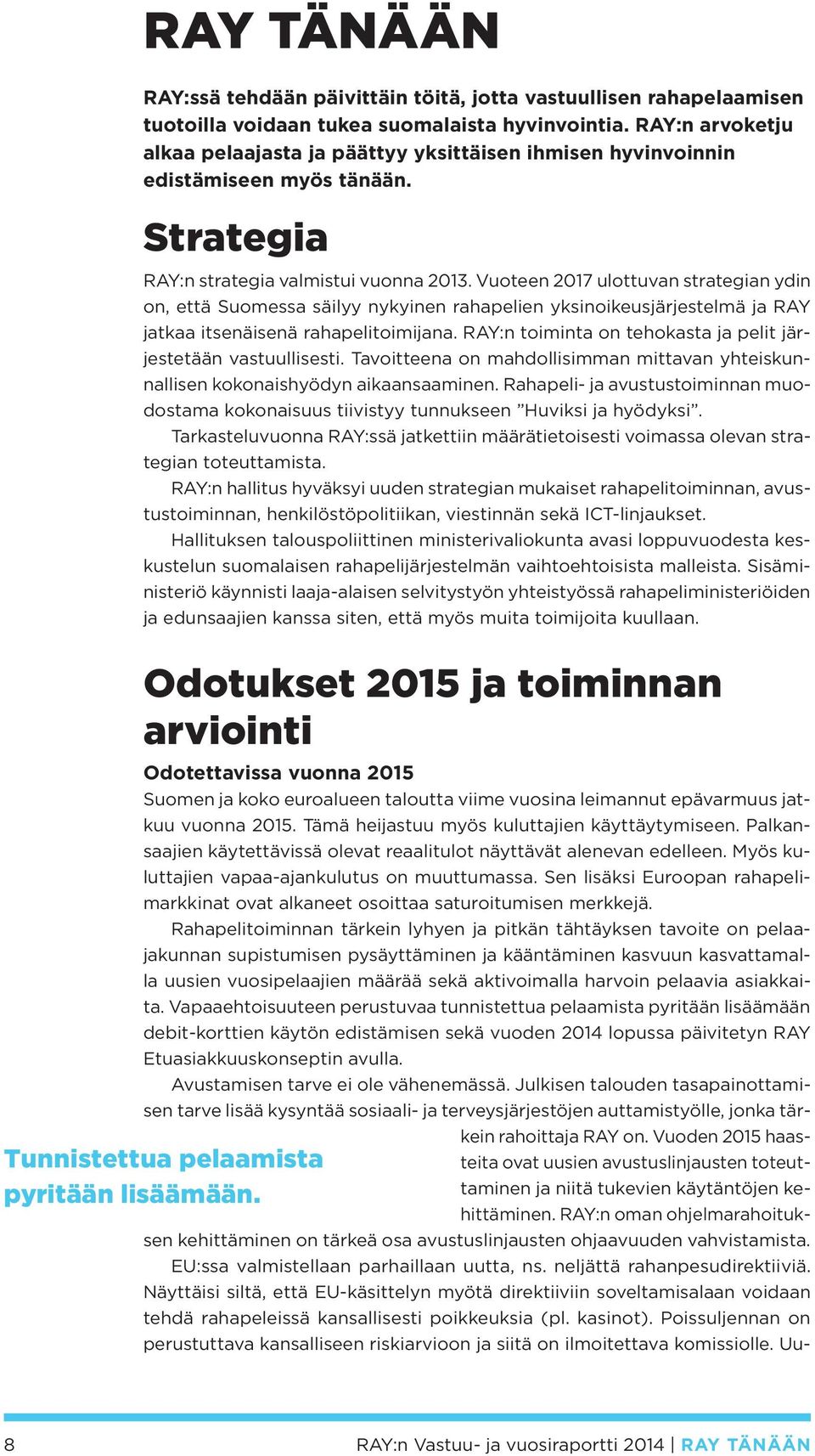 Vuoteen 2017 ulottuvan strategian ydin on, että Suomessa säilyy nykyinen rahapelien yksinoikeusjärjestelmä ja RAY jatkaa itsenäisenä rahapelitoimijana.