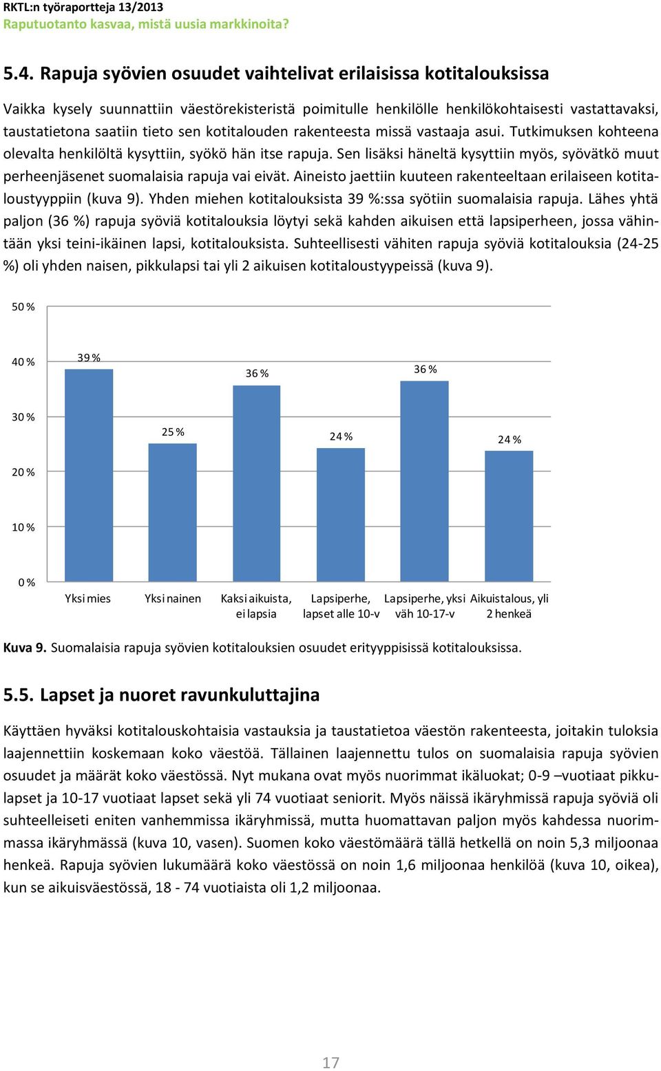 Sen lisäksi häneltä kysyttiin myös, syövätkö muut perheenjäsenet suomalaisia rapuja vai eivät. Aineisto jaettiin kuuteen rakenteeltaan erilaiseen kotitaloustyyppiin (kuva 9).