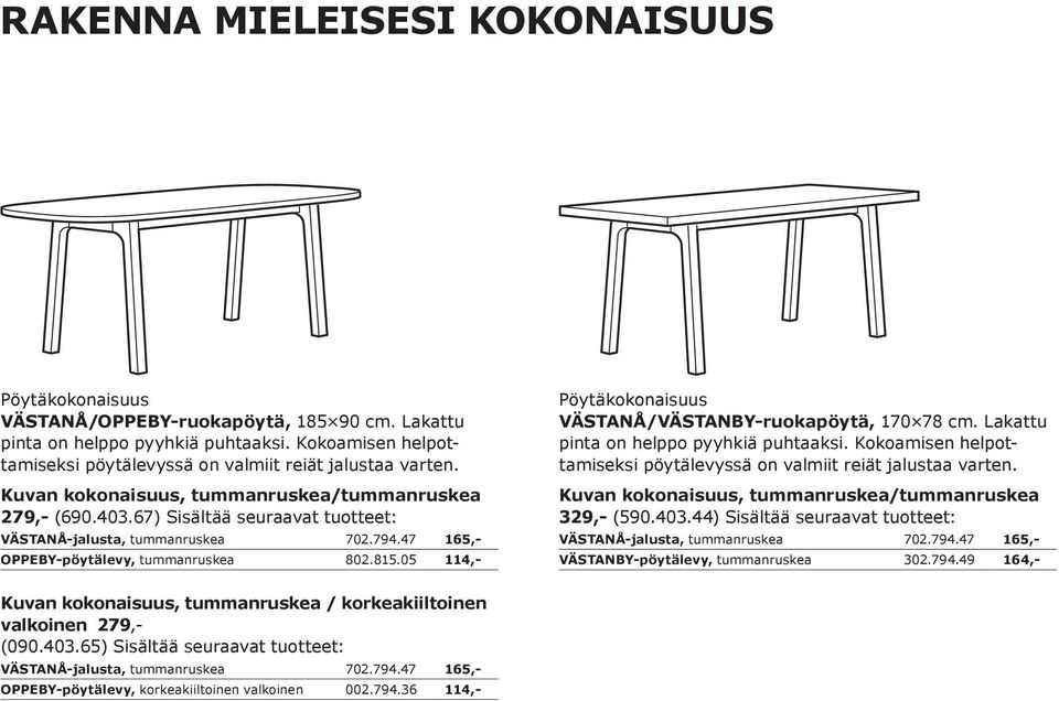 Lakattu pinta on helppo pyyhkiä puhtaaksi. Kokoamisen helpottamiseksi Kuvan kokonaisuus, tummanruskea/tummanruskea 329,- (590.403.44) Sisältää seuraavat tuotteet: VÄSTANÅ-jalusta, tummanruskea 702.