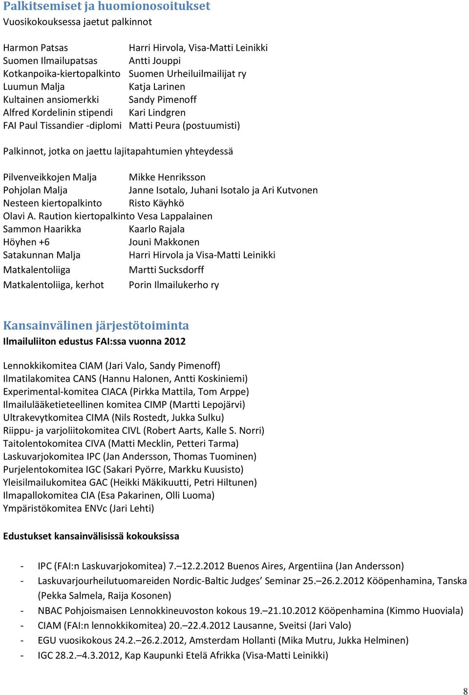 on jaettu lajitapahtumien yhteydessä Pilvenveikkojen Malja Mikke Henriksson Pohjolan Malja Janne Isotalo, Juhani Isotalo ja Ari Kutvonen Nesteen kiertopalkinto Risto Käyhkö Olavi A.