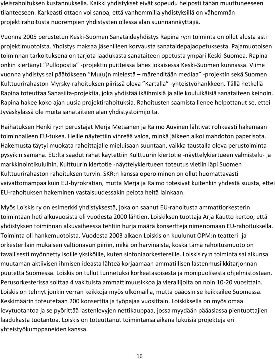 Vuonna 2005 perustetun Keski-Suomen Sanataideyhdistys Rapina ry:n toiminta on ollut alusta asti projektimuotoista. Yhdistys maksaa jäsenilleen korvausta sanataidepajaopetuksesta.