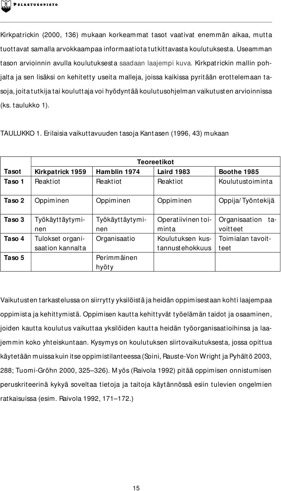 Kirkpatrickin mallin pohjalta ja sen lisäksi on kehitetty useita malleja, joissa kaikissa pyritään erottelemaan tasoja, joita tutkija tai kouluttaja voi hyödyntää koulutusohjelman vaikutusten