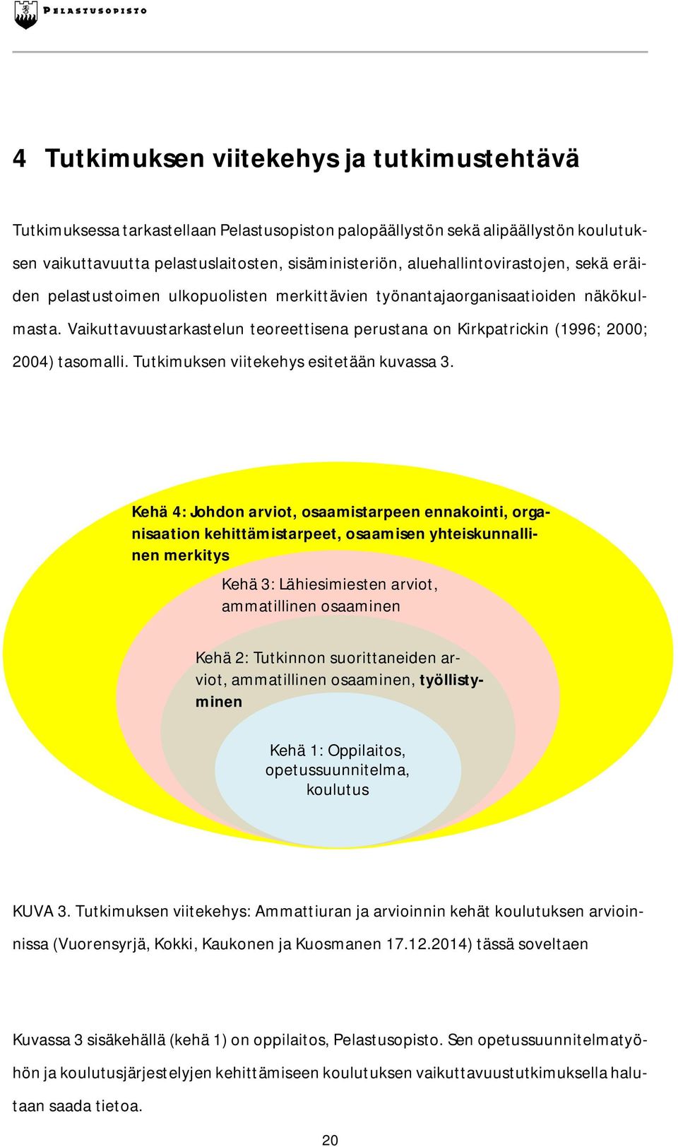 Vaikuttavuustarkastelun teoreettisena perustana on Kirkpatrickin (1996; 2000; 2004) tasomalli. Tutkimuksen viitekehys esitetään kuvassa 3.