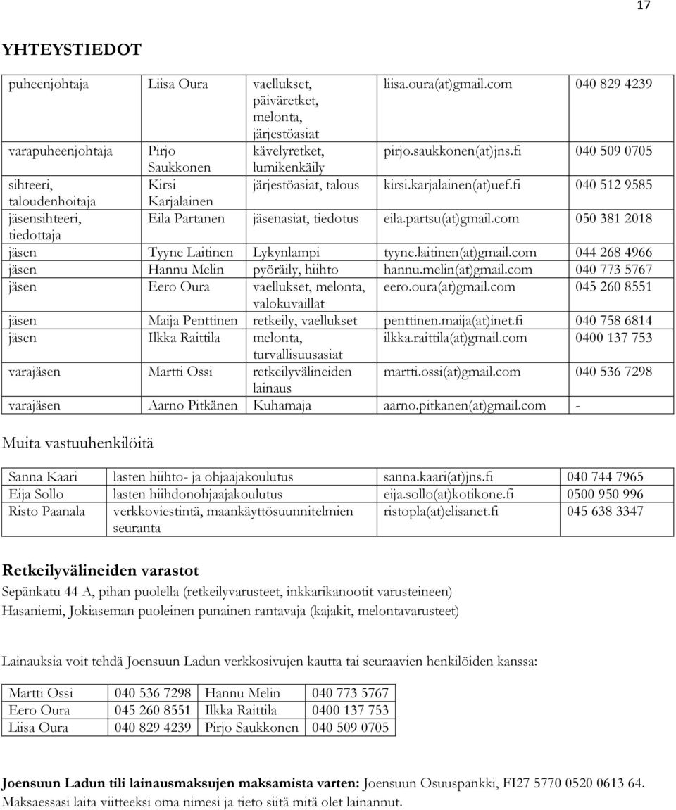 fi 040 512 9585 taloudenhoitaja Karjalainen jäsensihteeri, Eila Partanen jäsenasiat, tiedotus eila.partsu(at)gmail.com 050 381 2018 tiedottaja jäsen Tyyne Laitinen Lykynlampi tyyne.laitinen(at)gmail.