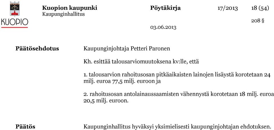 talousarvion rahoitusosan pitkäaikaisten lainojen lisäystä korotetaan 24 milj. euroa 77,5 milj.