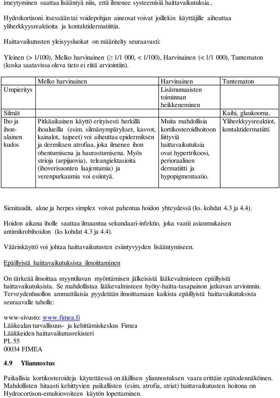 Haittavaikutusten yleisyysluokat on määritelty seuraavasti: Yleinen (> 1/100), Melko harvinainen ( 1/1 000, < 1/100), Harvinainen (< 1/1 000), Tuntematon (koska saatavissa oleva tieto ei riitä