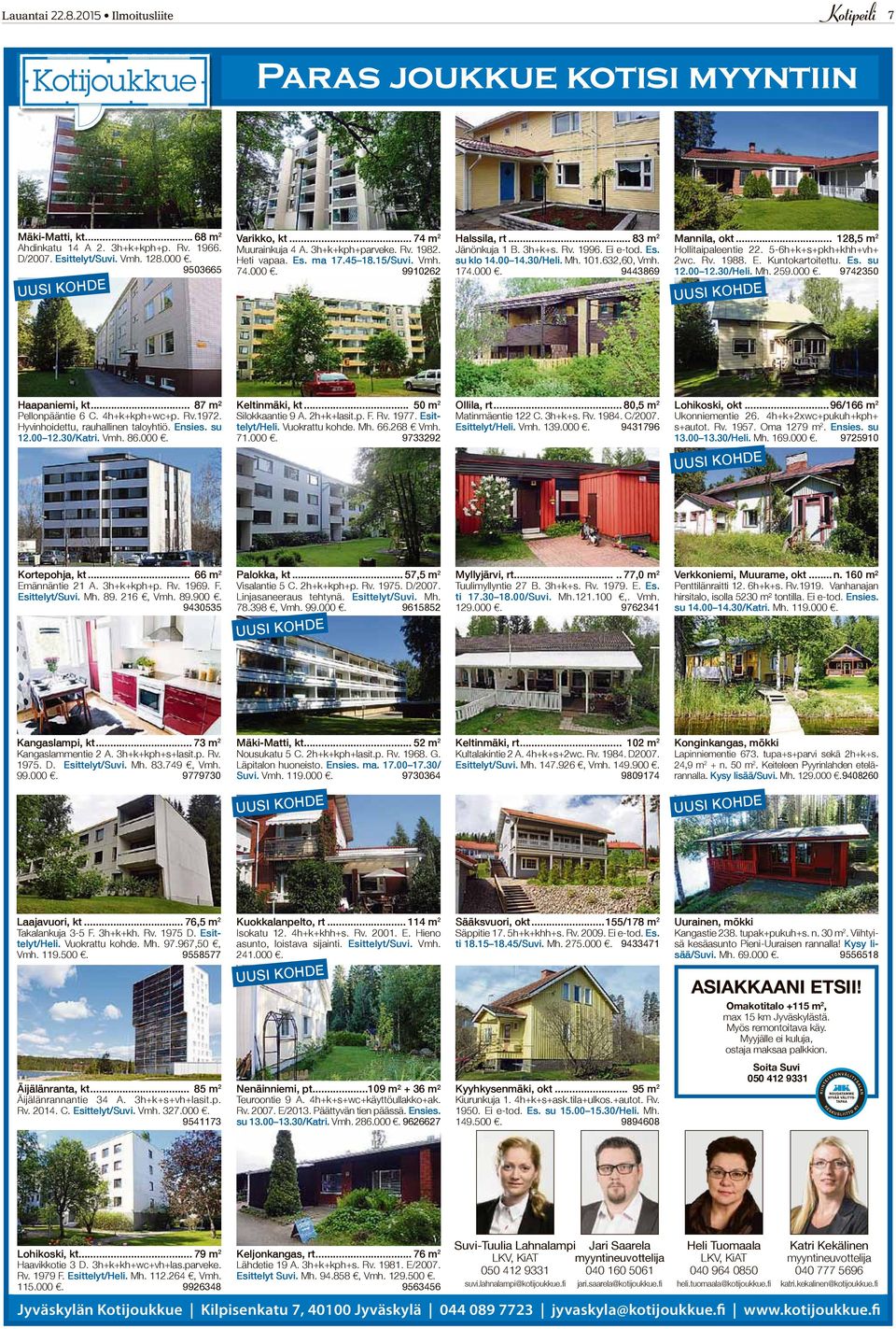 Viehättävä Samulinniemi rt...94 m² Toivakka, Ahokas okt...155 m² Lohikoski kt...68 m² Halssila pt...72 m² Mäki-Matti, kt 68 mvastaava 2 rivitaloasunto Kuokkalan pienvenesataman kupeessa. Kaukolämpö.